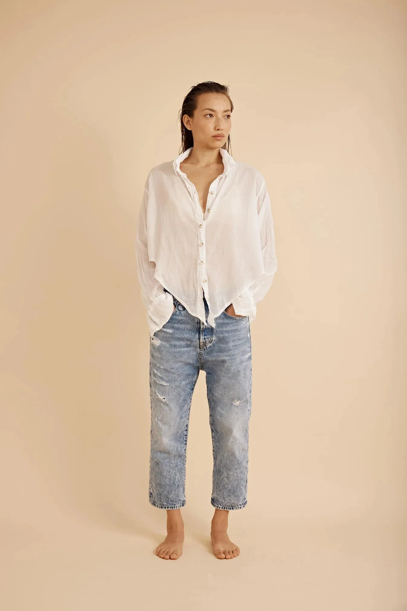 Healy Crop Button Down Gauze Shirt - White