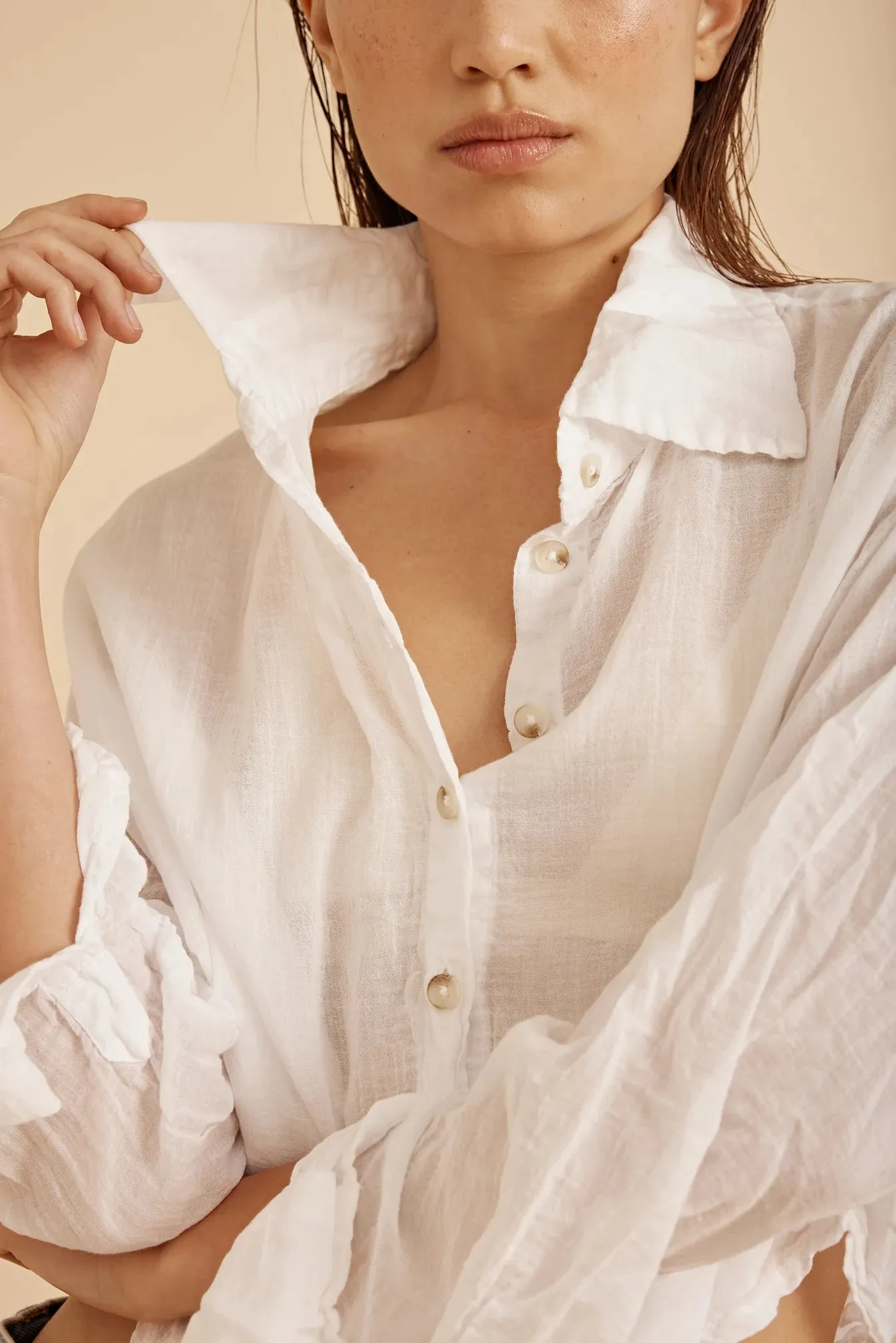 Healy Crop Button Down Gauze Shirt - White