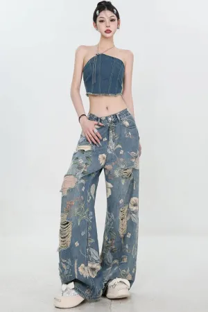 High Waist Floral Pattern Long Ripped Jeans Pants