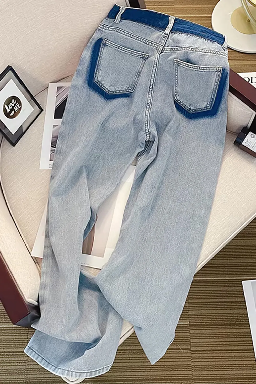 High Waist Loose Blue Lined Jeans Pants