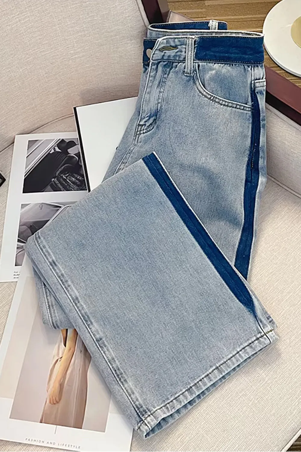 High Waist Loose Blue Lined Jeans Pants
