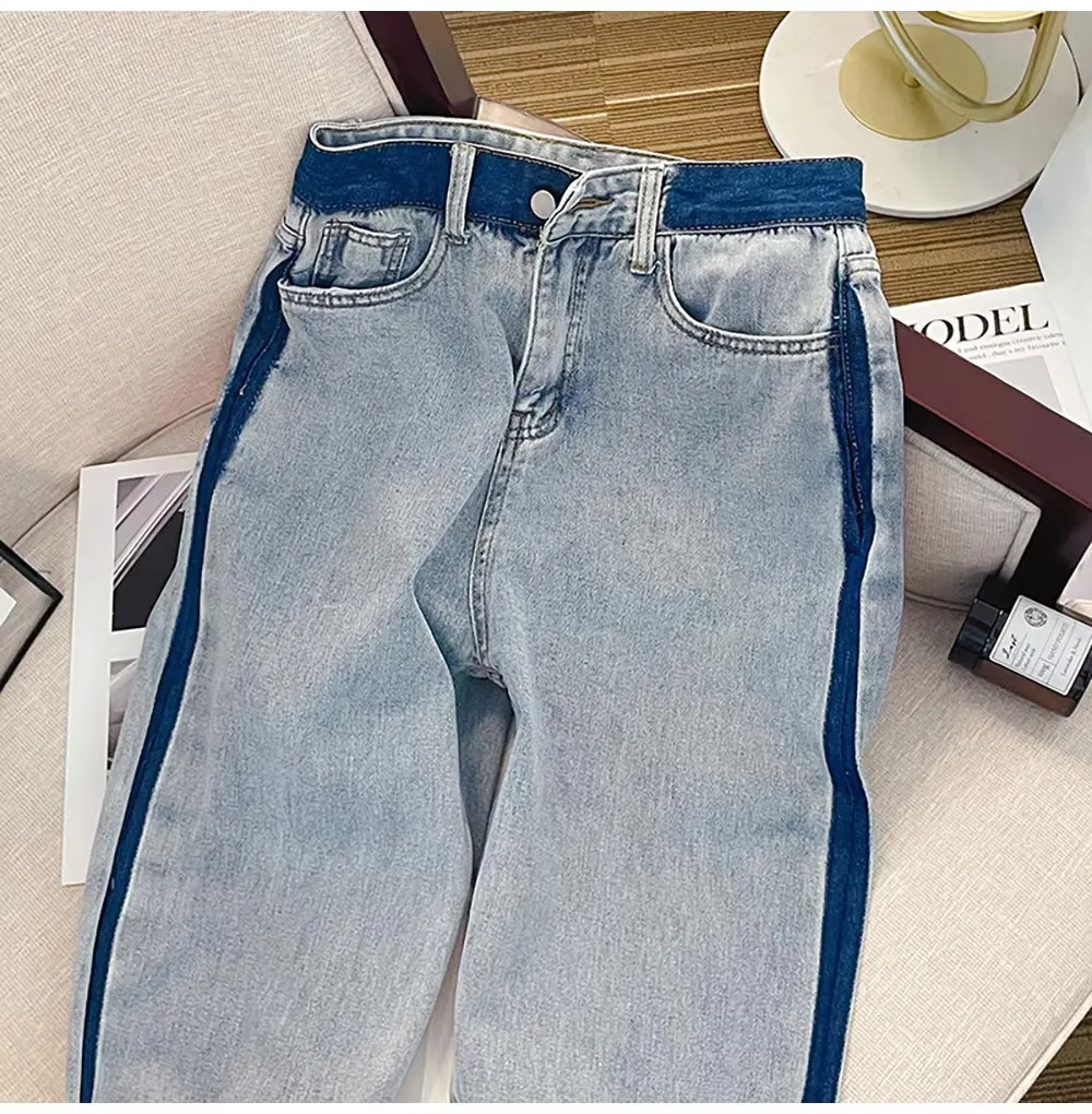 High Waist Loose Blue Lined Jeans Pants