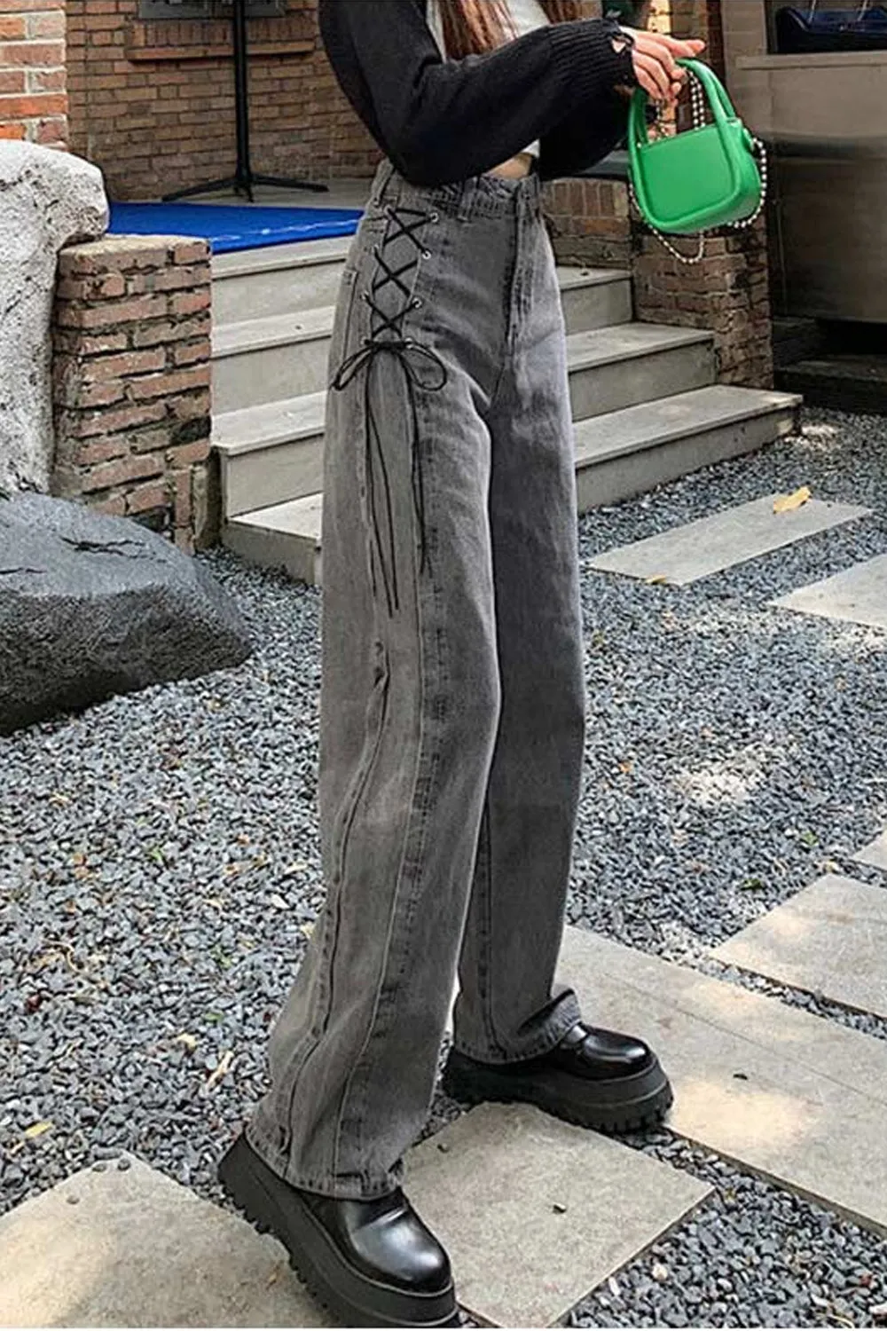 High Waist Side Lace Up Grey Jeans Pants