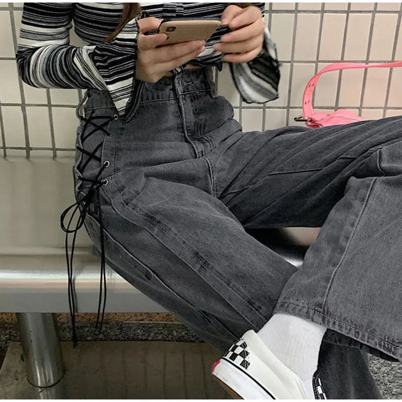 High Waist Side Lace Up Grey Jeans Pants