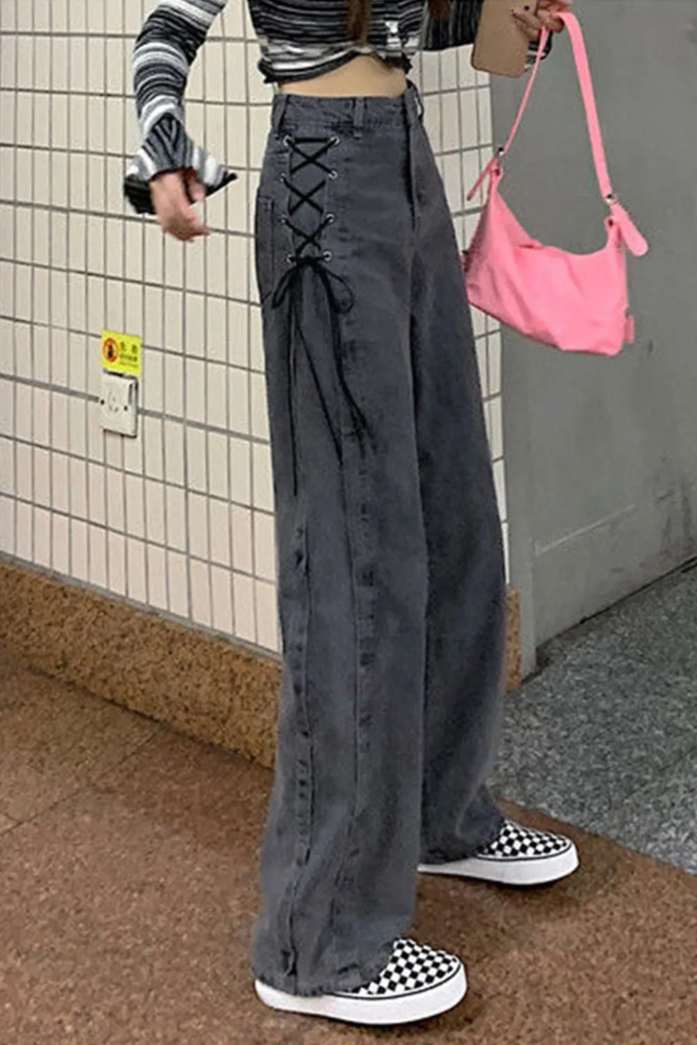 High Waist Side Lace Up Grey Jeans Pants