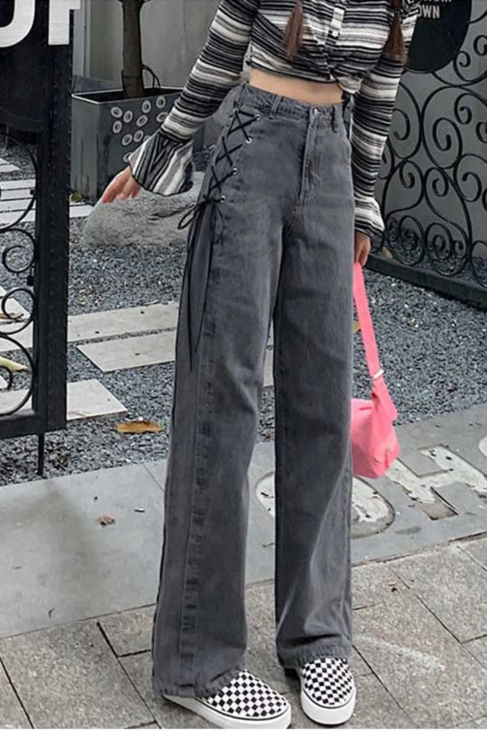 High Waist Side Lace Up Grey Jeans Pants