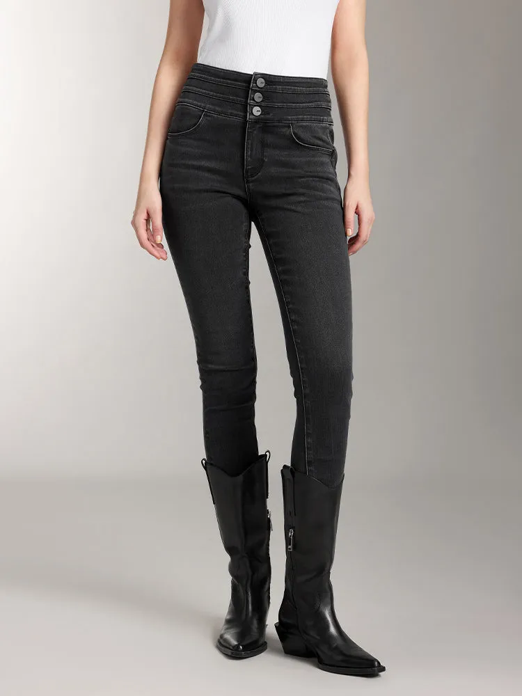 High Waisted Dark Washed Brushed Jeans