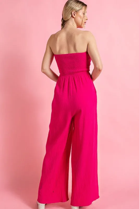 HOT PINK SOFT WASHED OPEN SHOULDER SMOCKED JUMPSUIT - Final Sale