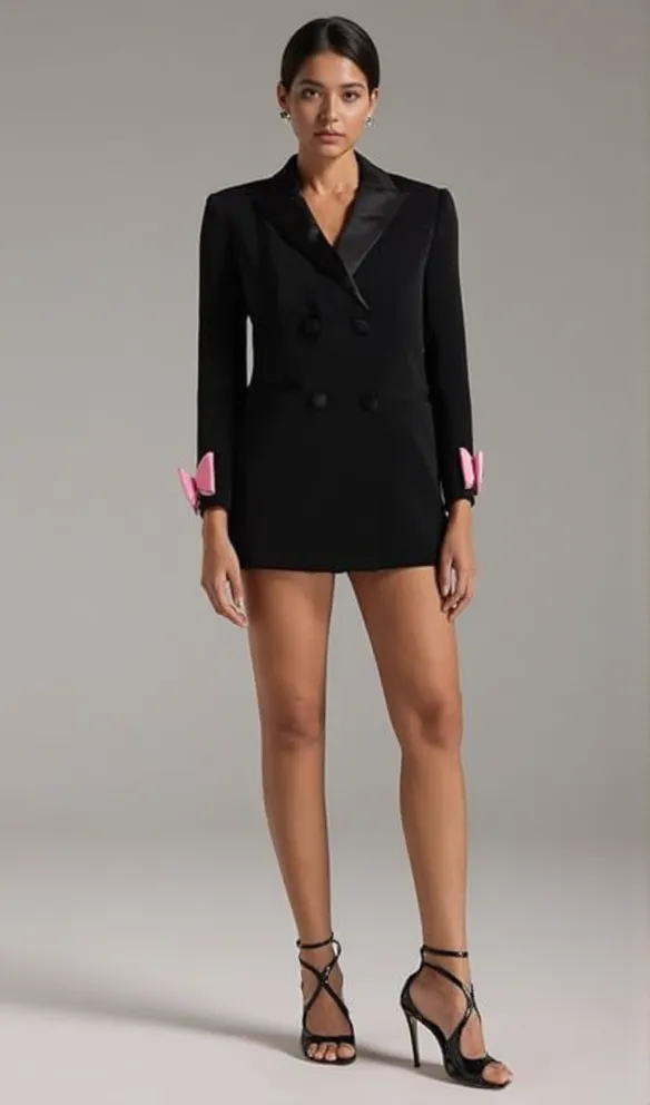 INGRID BOW-EMBELLISHED WOOL BLACK BLAZER DRESS