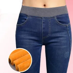 Jeans Women Gold Fleece Inside Warm Jeans Pants Winter Thickening Elastic Waist Pencil Pants Fashion Denim Trousers P8035