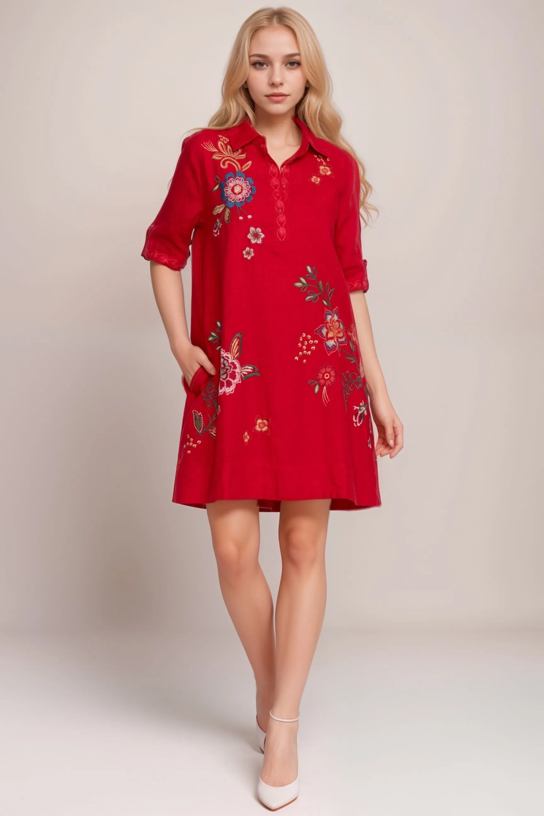 Johnny Was Red Messine Linen Polo Dress R38724-8