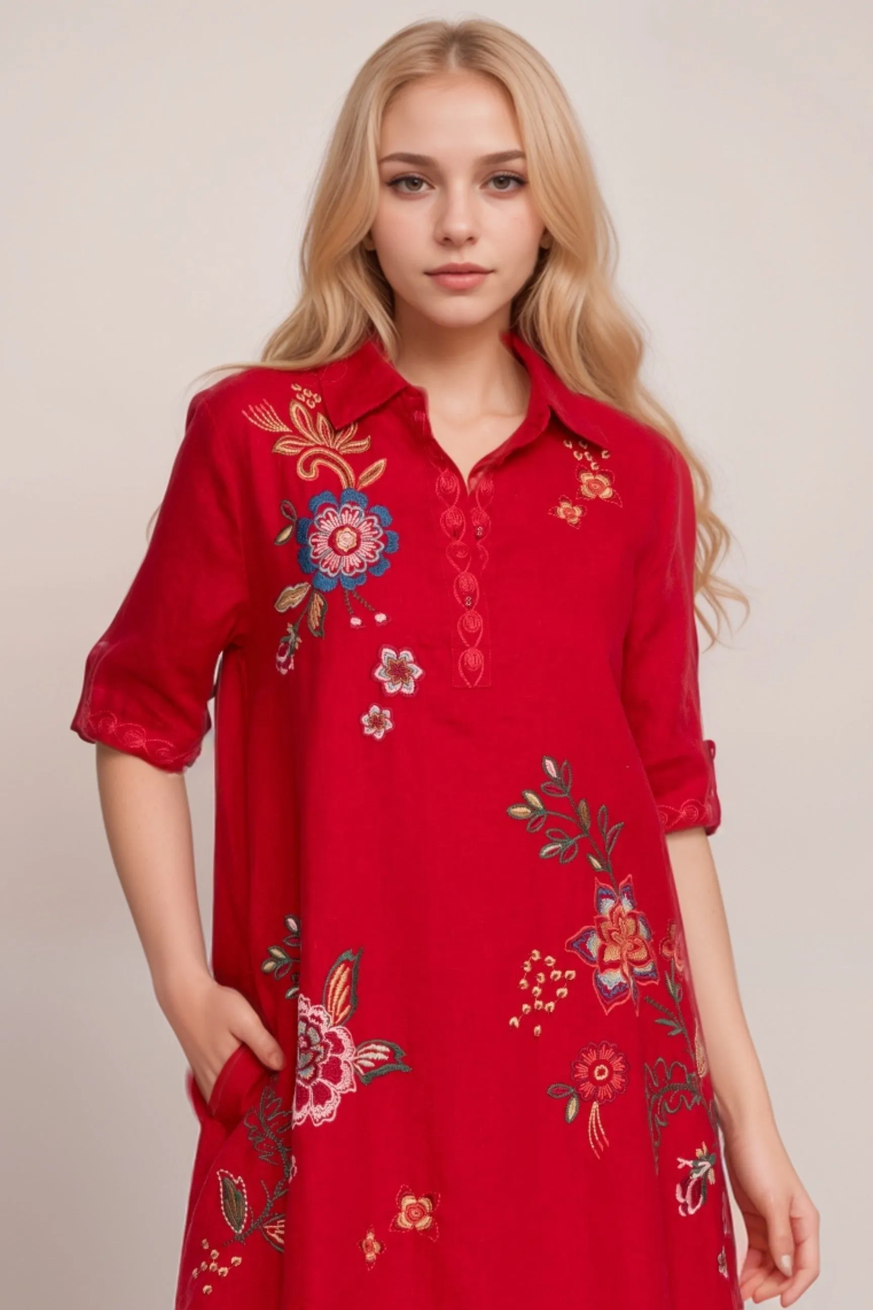Johnny Was Red Messine Linen Polo Dress R38724-8