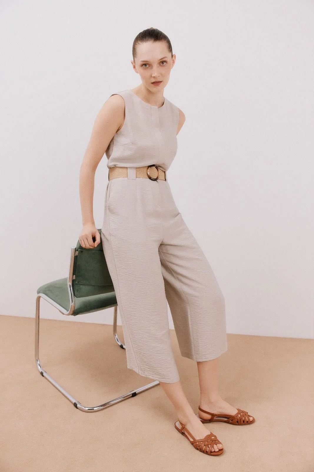 Jumpsuit With Contrasting Belt - Sand