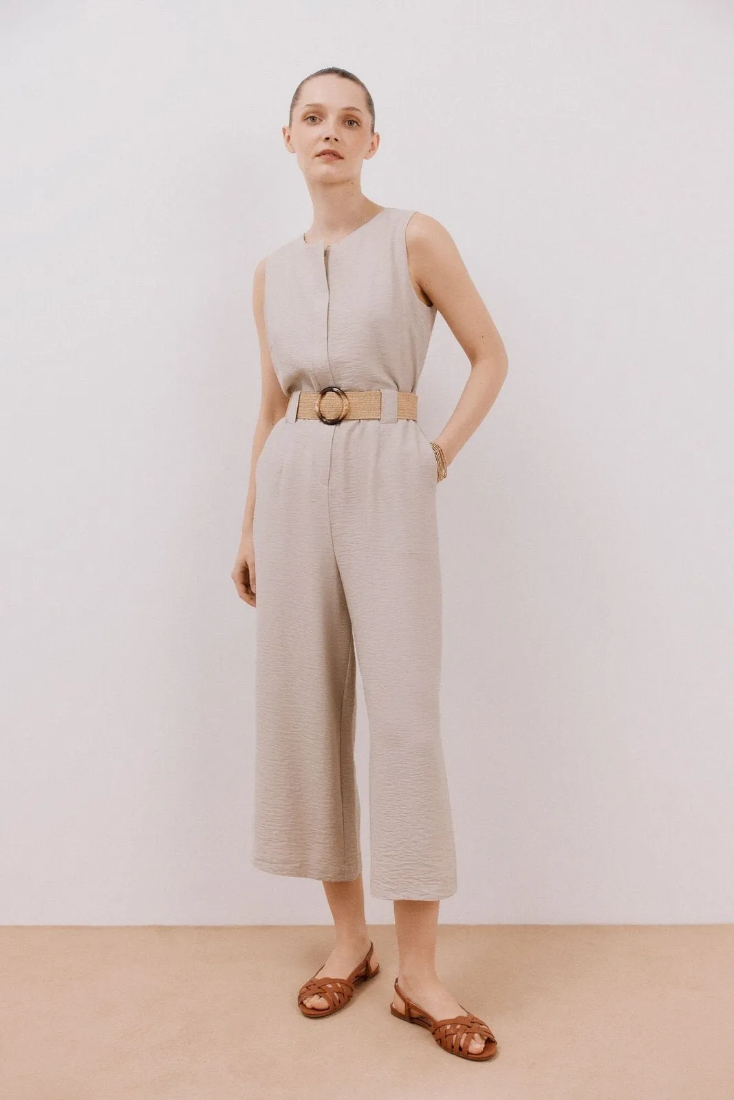 Jumpsuit With Contrasting Belt - Sand