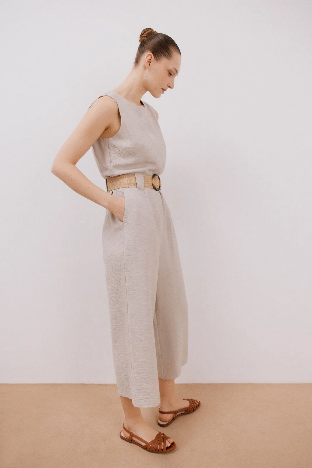 Jumpsuit With Contrasting Belt - Sand