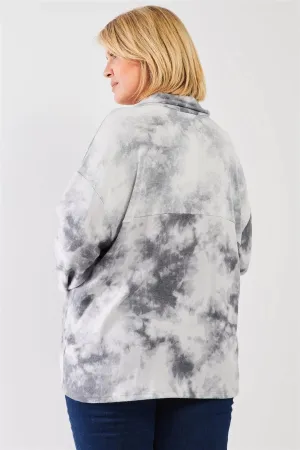 Junior Plus Graphite Tie-Dye Print Fleece Combo Plush Collared Neck Long Sleeve Loose Fit Top /3-2-1