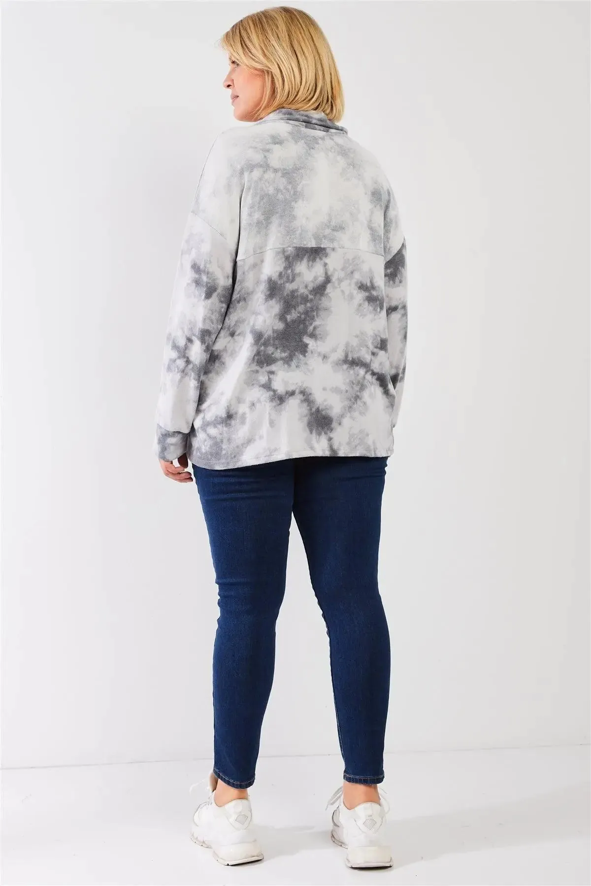 Junior Plus Graphite Tie-Dye Print Fleece Combo Plush Collared Neck Long Sleeve Loose Fit Top /3-2-1