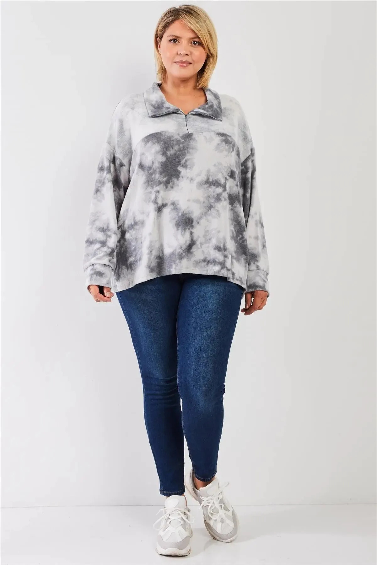 Junior Plus Graphite Tie-Dye Print Fleece Combo Plush Collared Neck Long Sleeve Loose Fit Top /3-2-1