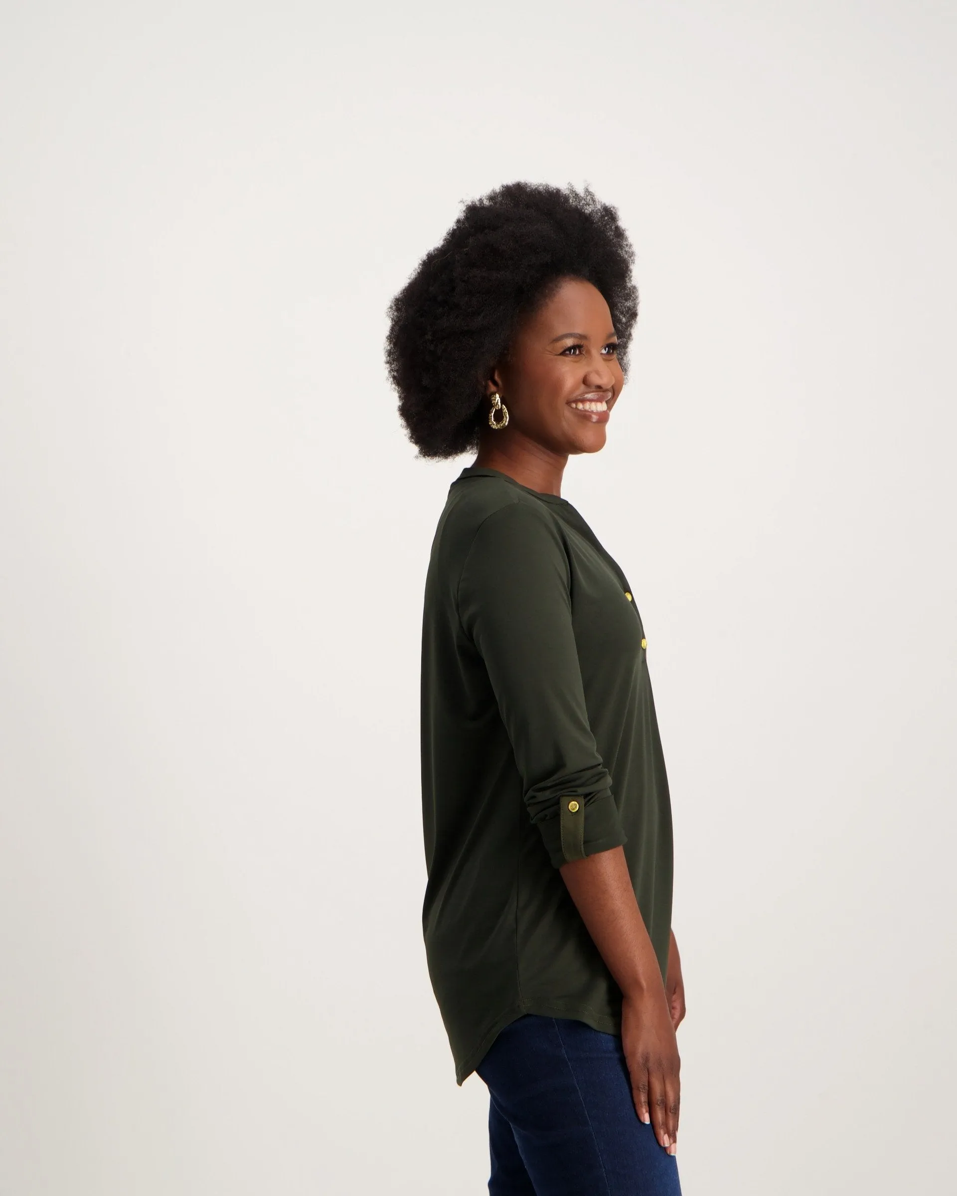 Ladies Knit Henley Blouse-Green
