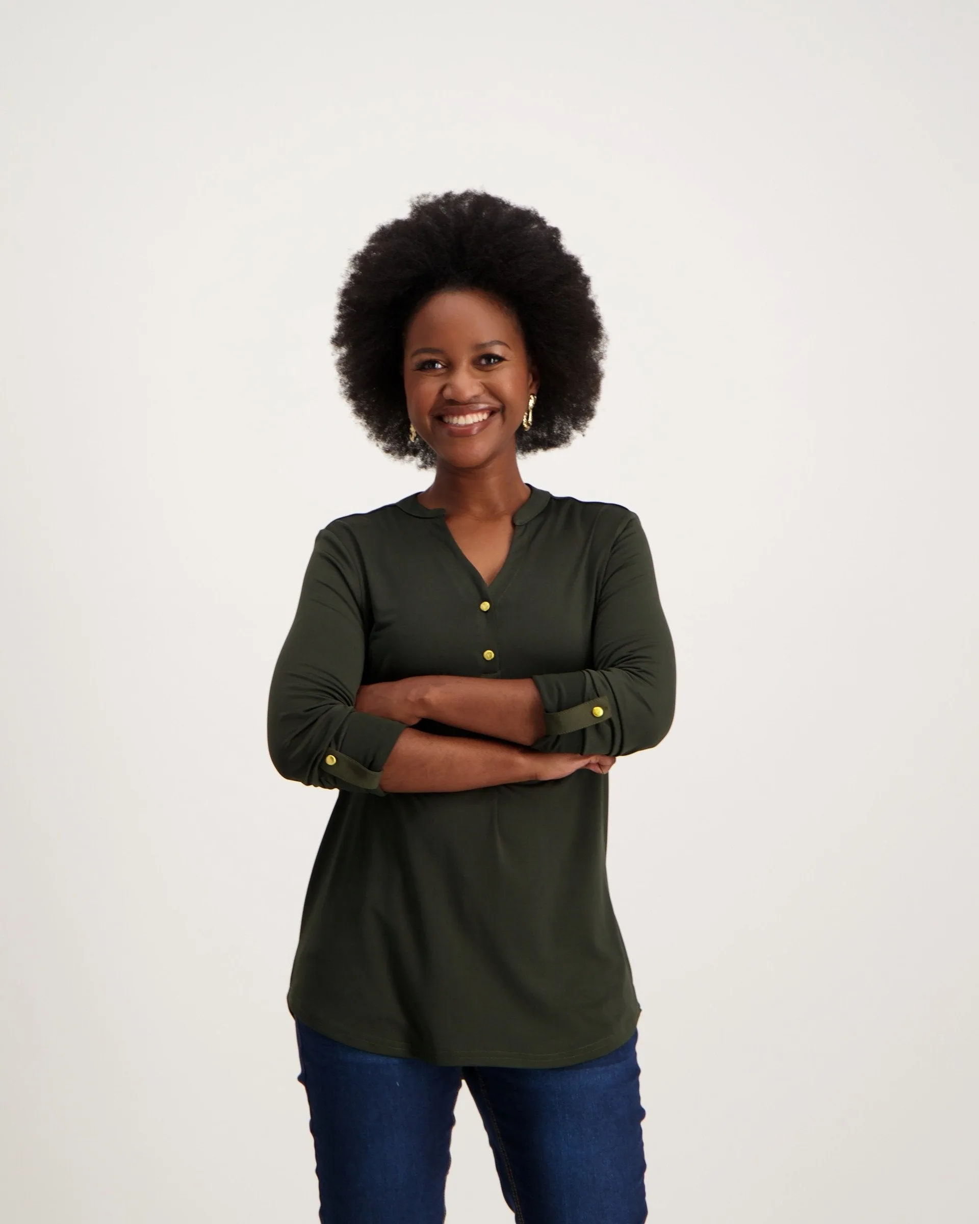 Ladies Knit Henley Blouse-Green