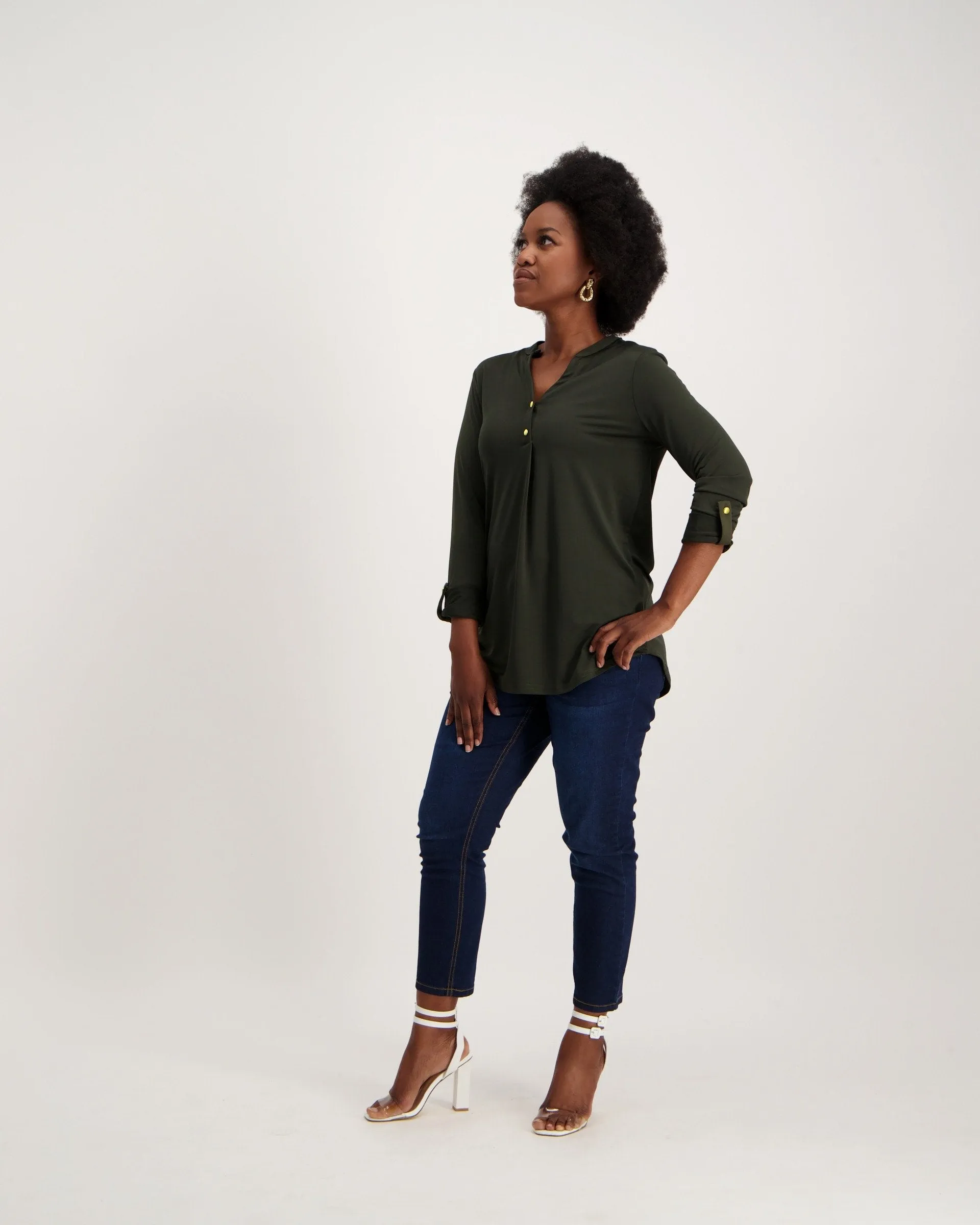 Ladies Knit Henley Blouse-Green