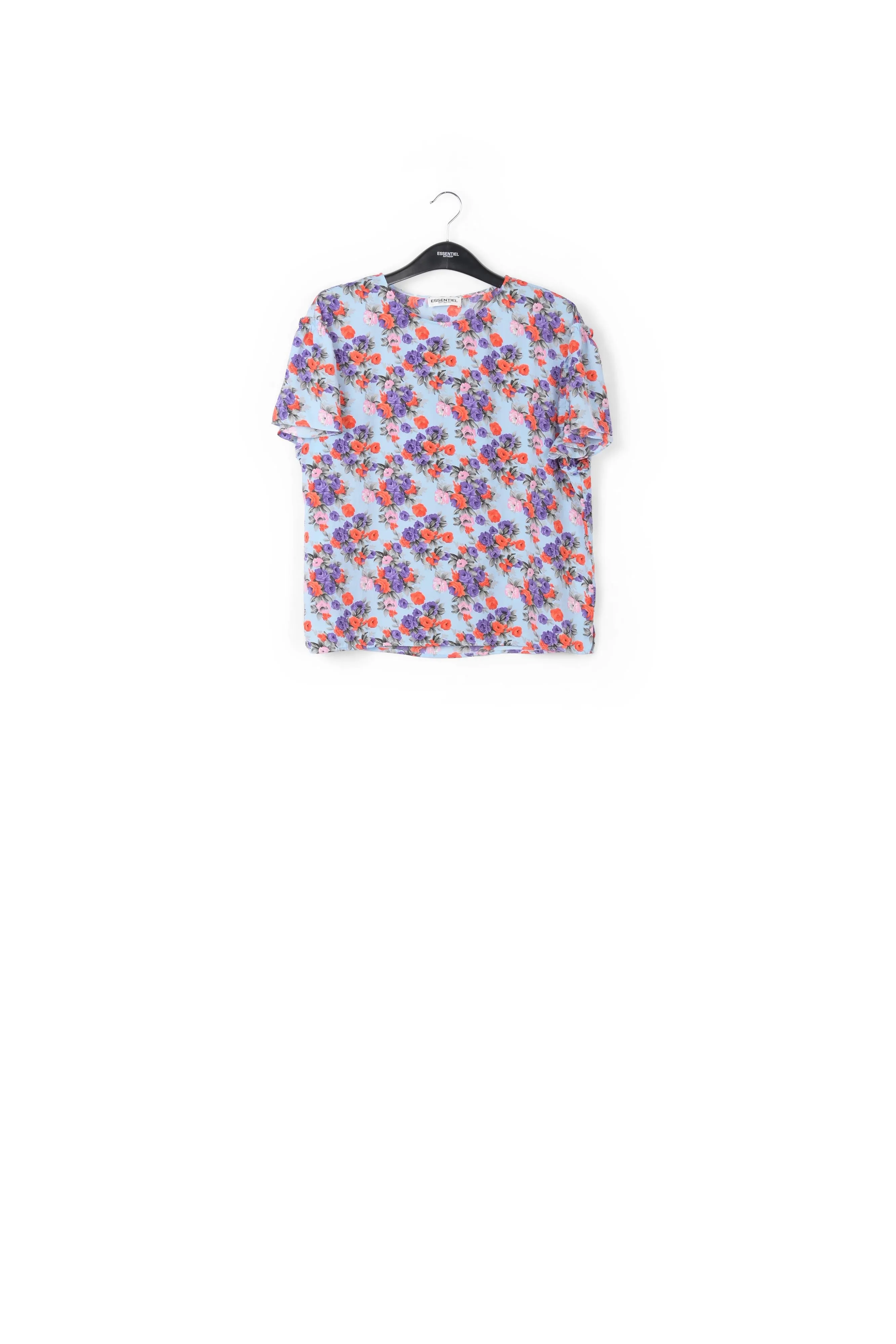 Light blue floral ruffle-sleeved top