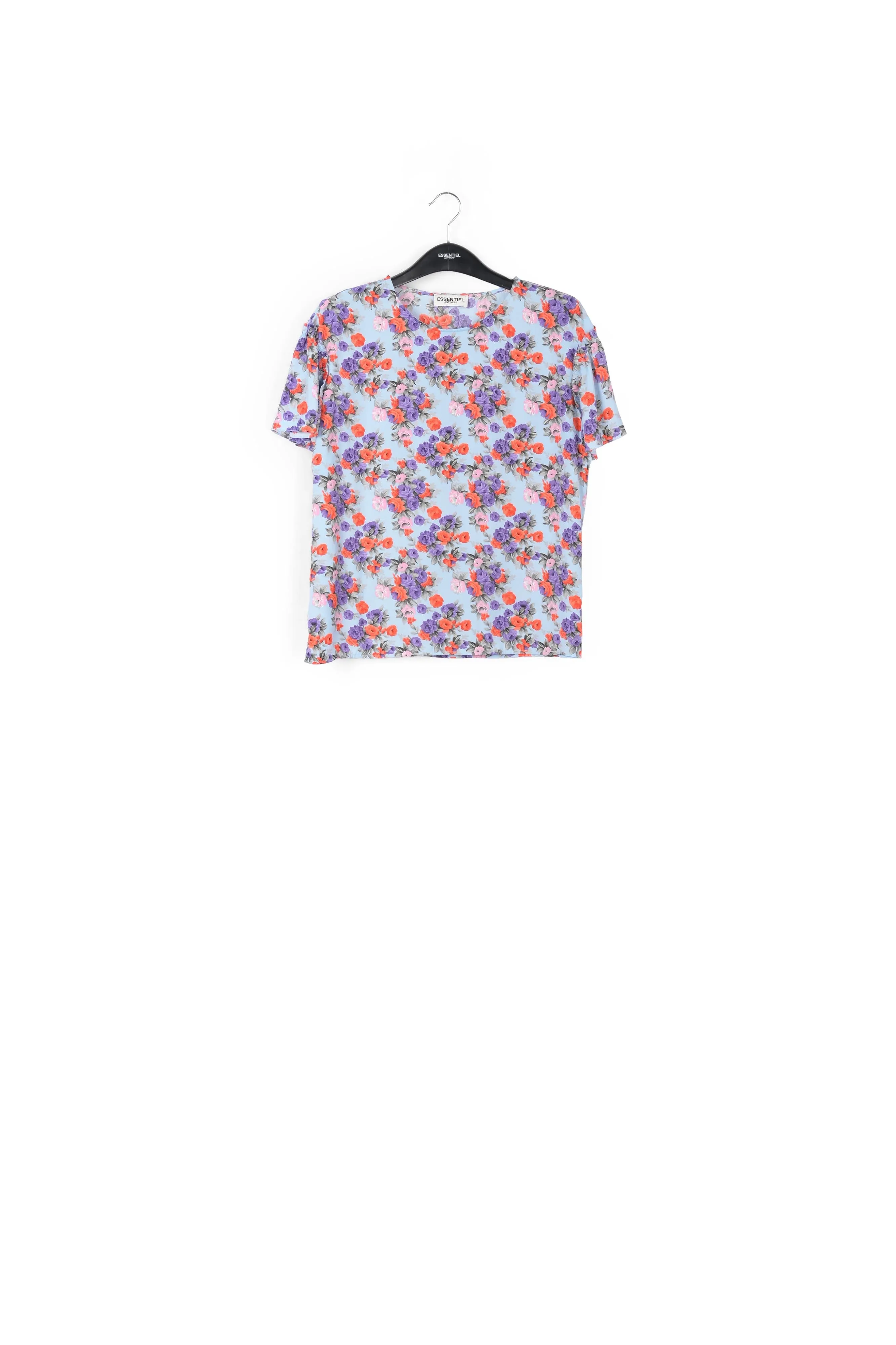Light blue floral ruffle-sleeved top