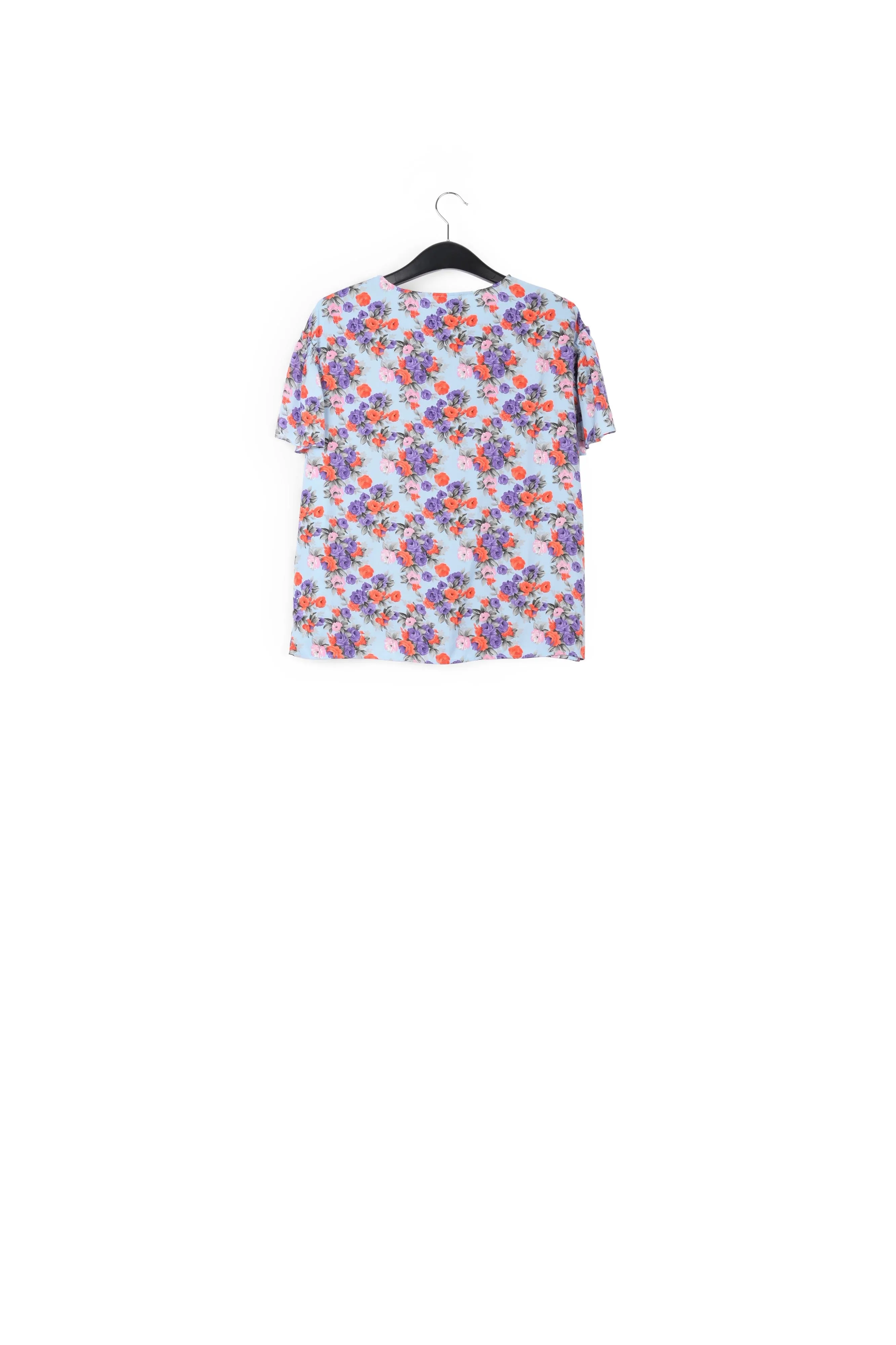Light blue floral ruffle-sleeved top