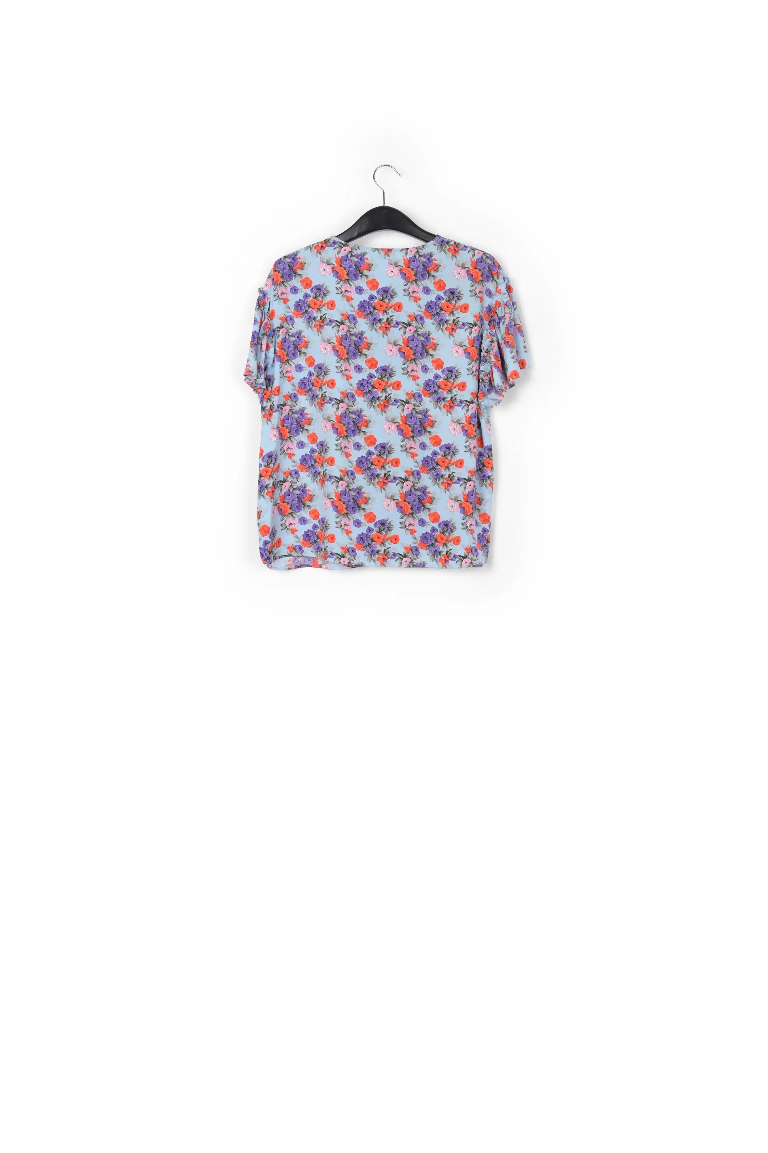 Light blue floral ruffle-sleeved top
