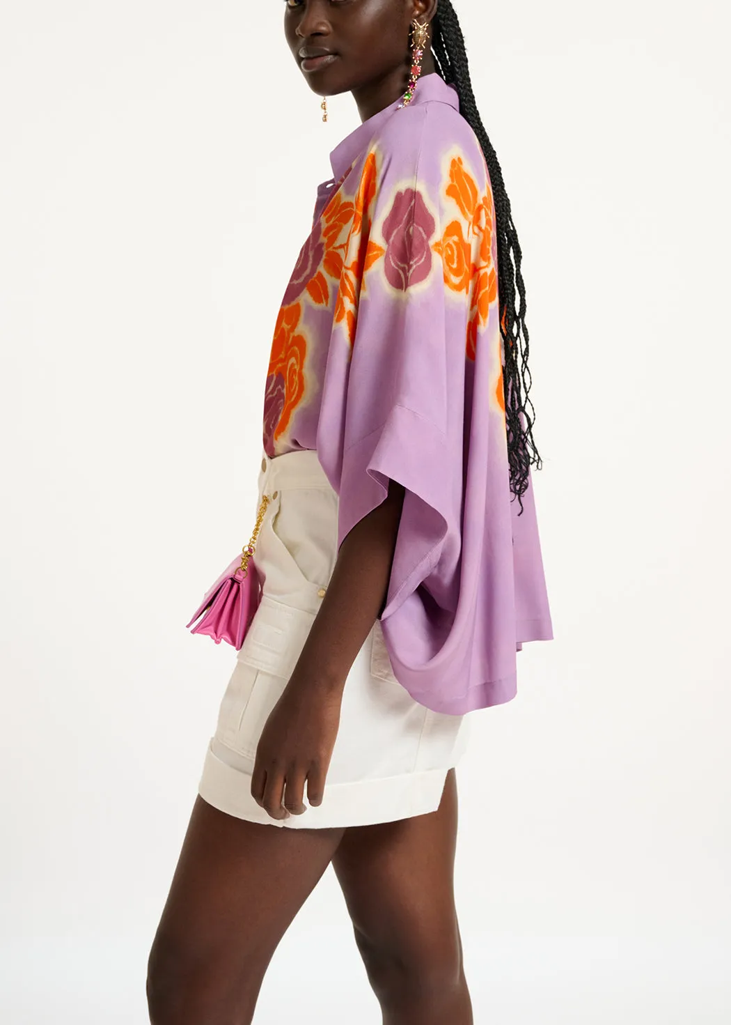 Lilac, orange and purple oversized shirt with floral print