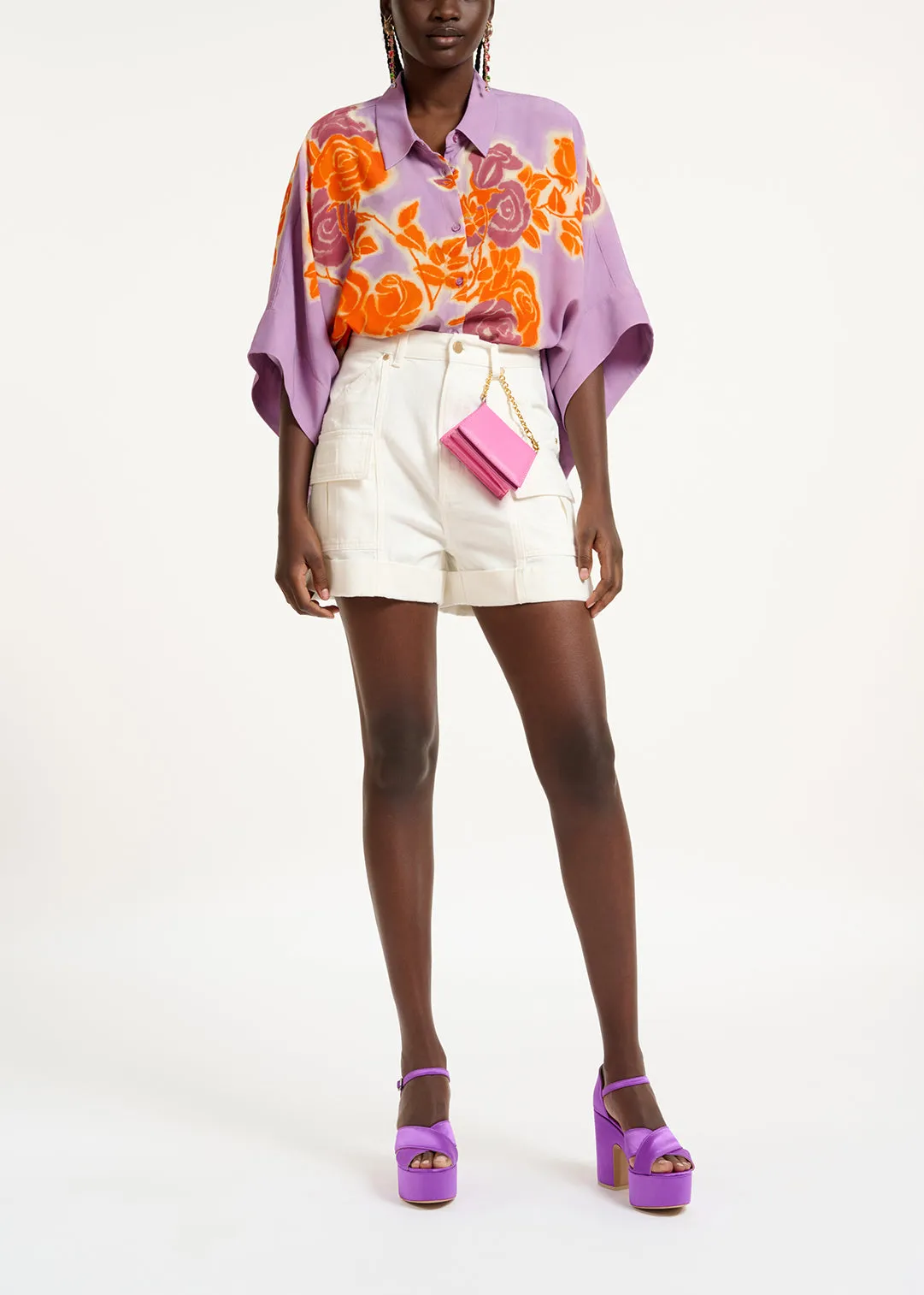 Lilac, orange and purple oversized shirt with floral print
