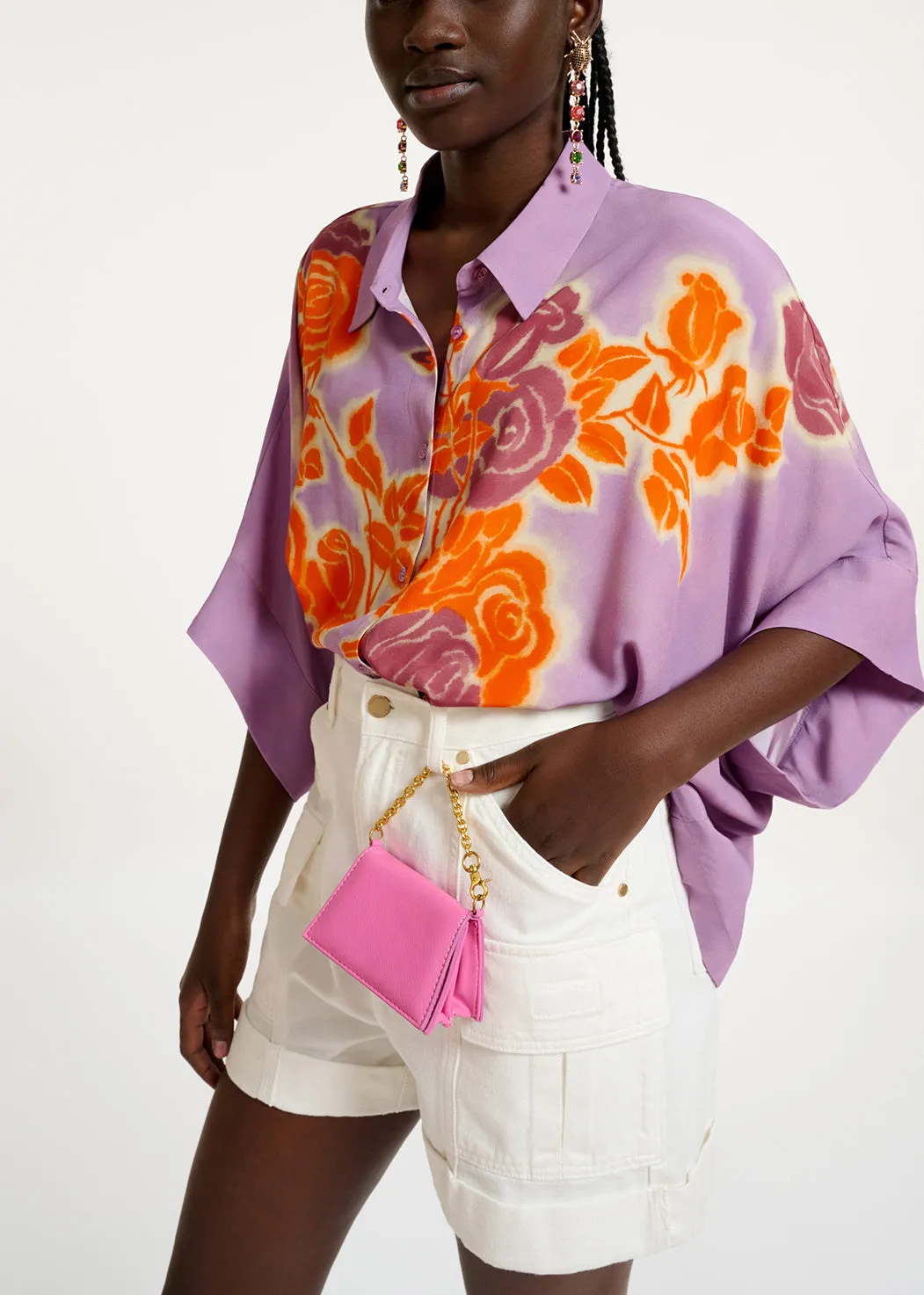 Lilac, orange and purple oversized shirt with floral print