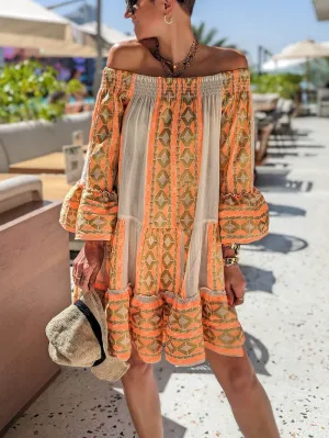 Linen Blend Ethnic Print Graceful Off Shoulder Loose Mini Dress