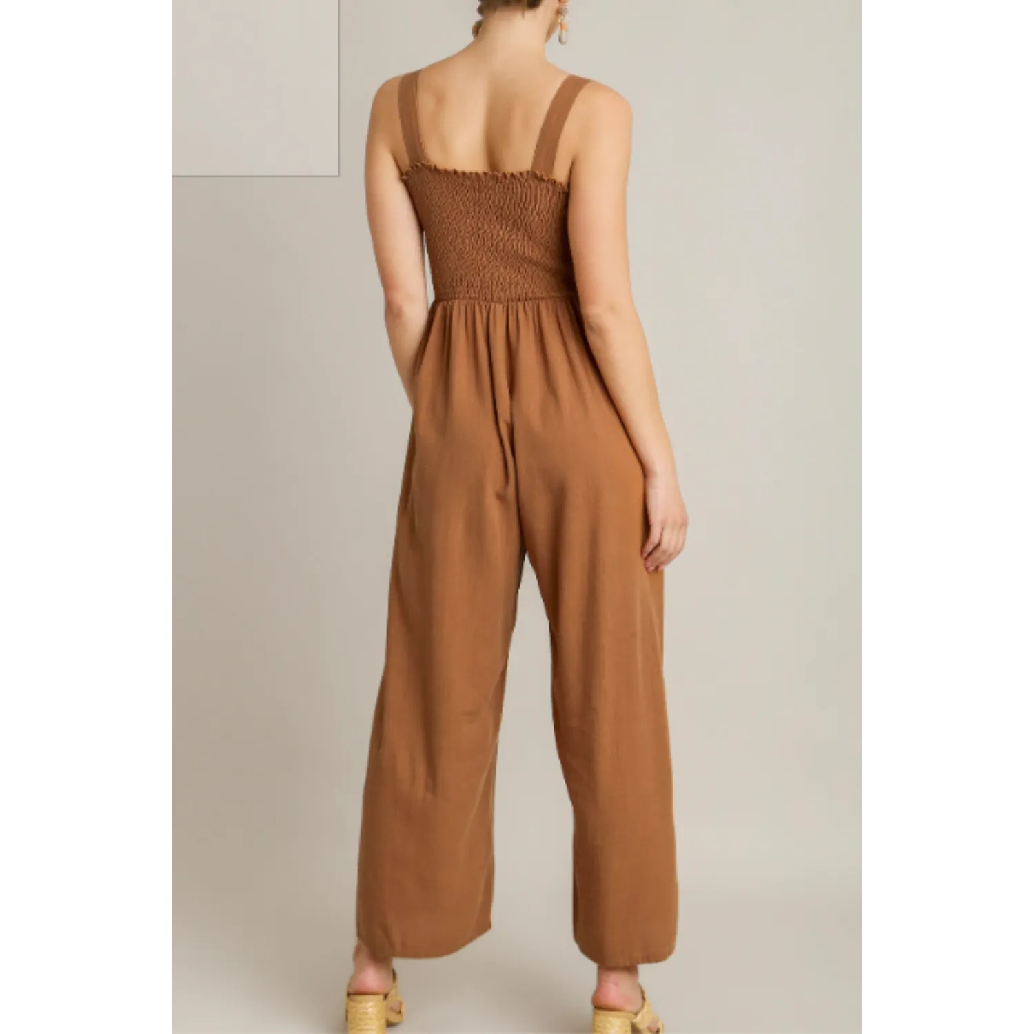LINEN SMOCKED FRONT JUMPSUIT IN WOOD