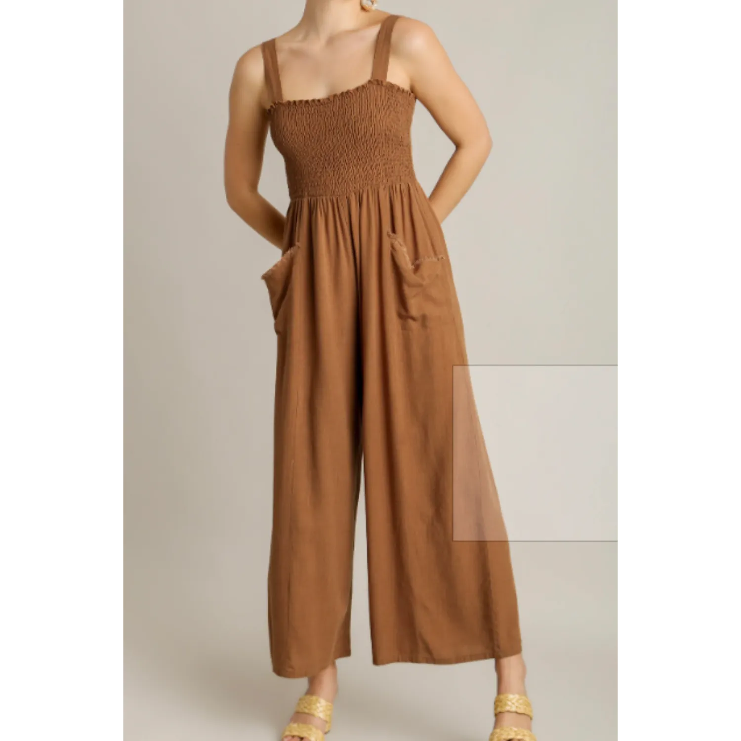 LINEN SMOCKED FRONT JUMPSUIT IN WOOD