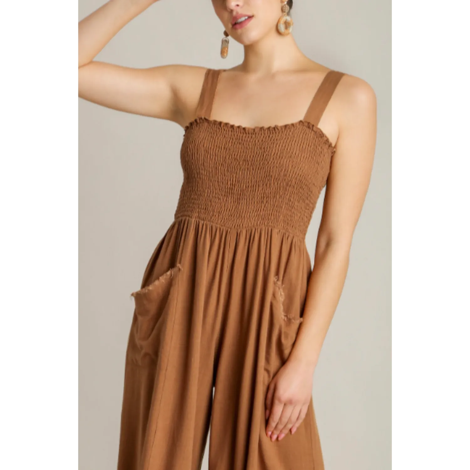 LINEN SMOCKED FRONT JUMPSUIT IN WOOD