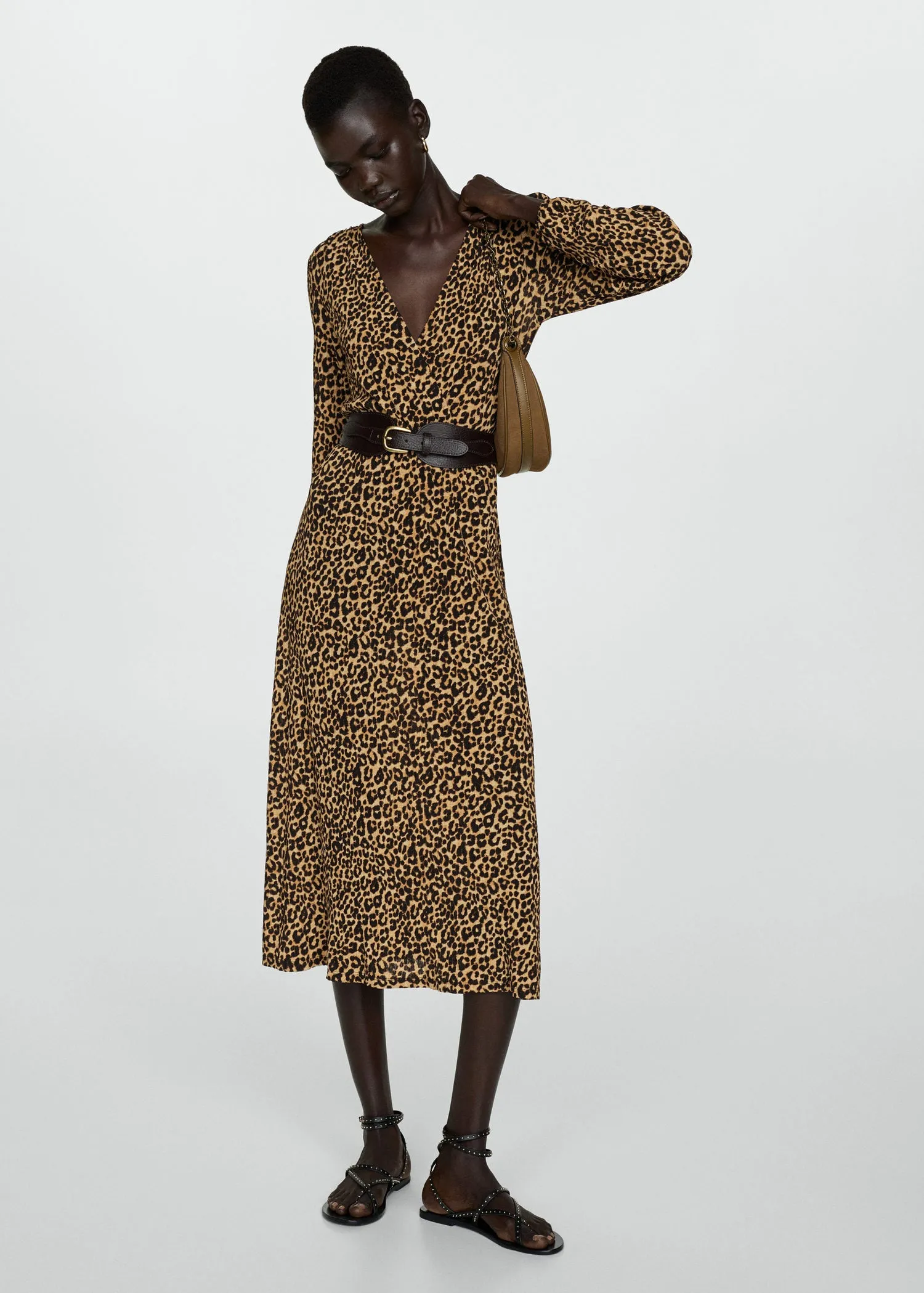 Long sleeve midi leopard dress - Brown