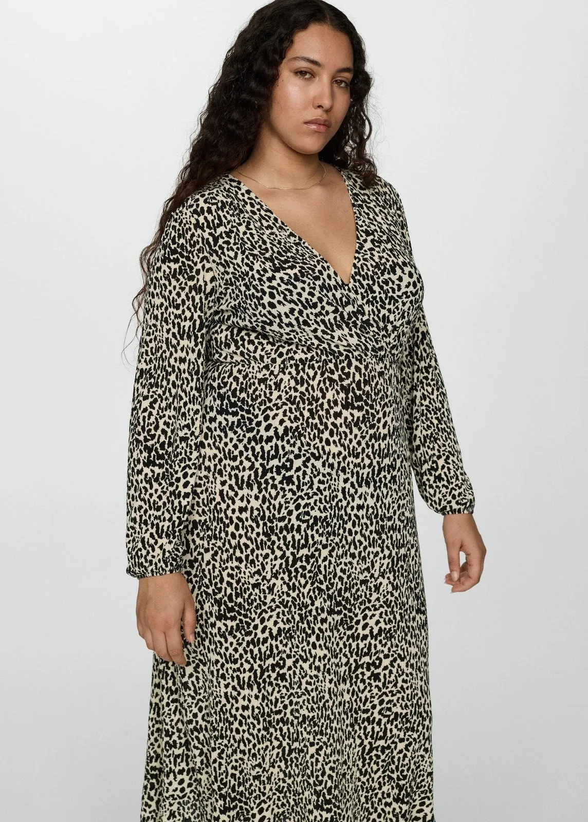 Long sleeve midi leopard dress - Light Beige