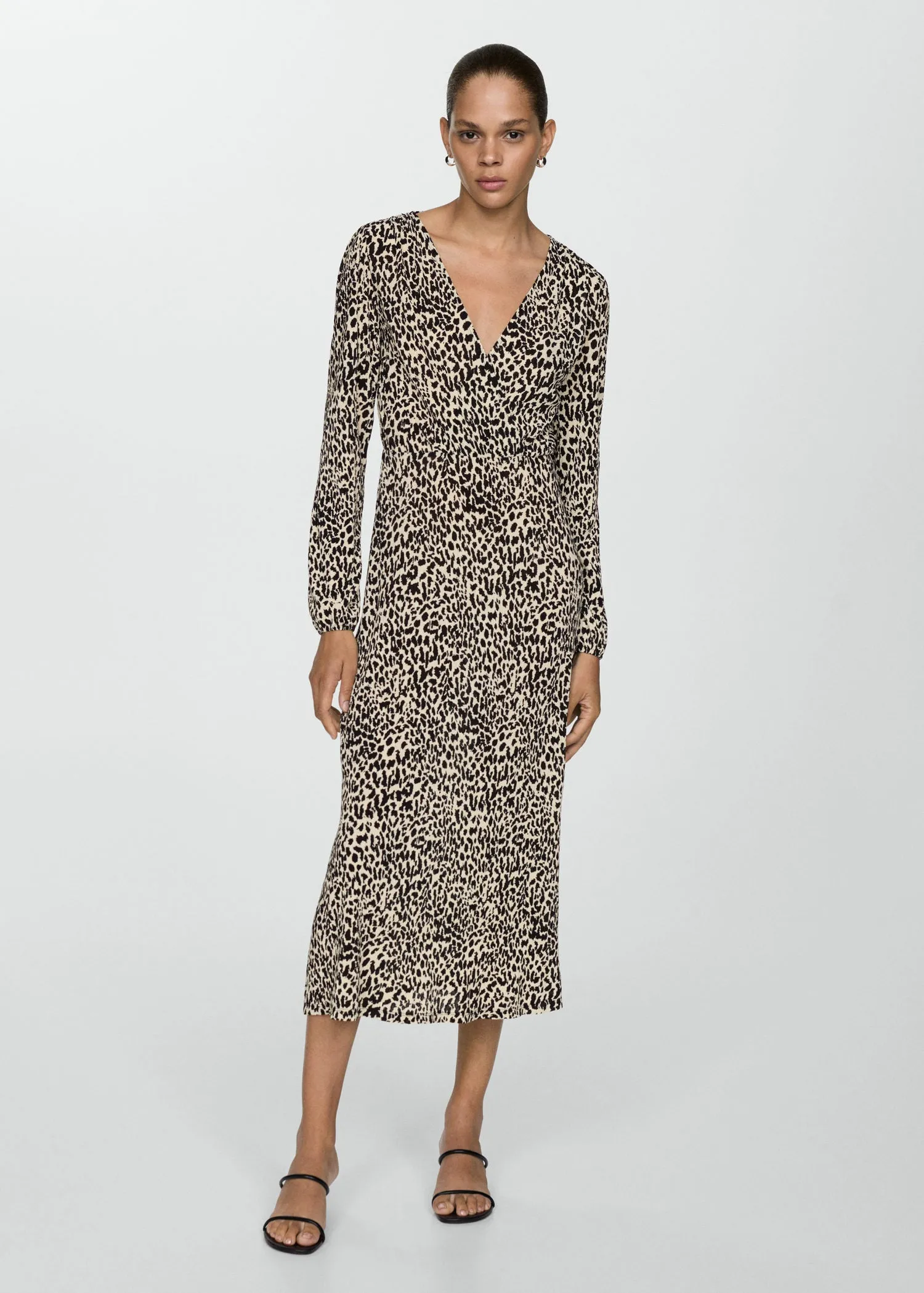 Long sleeve midi leopard dress - Light Beige