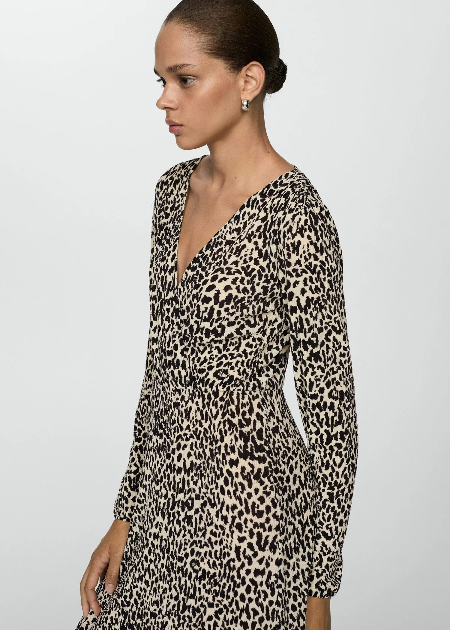 Long sleeve midi leopard dress - Light Beige