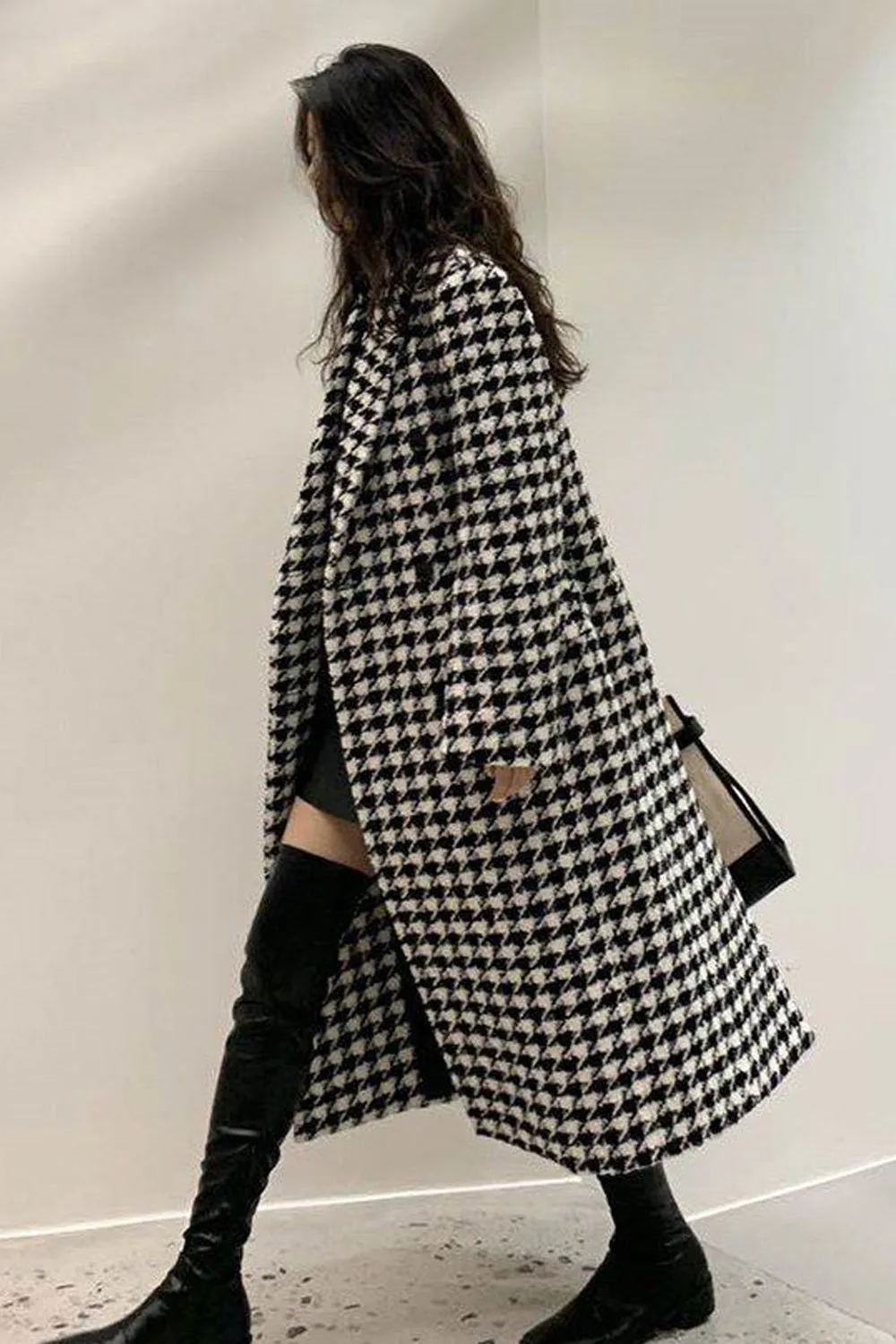 Loose Houndstooth Pattern Woolen Coat Jacket
