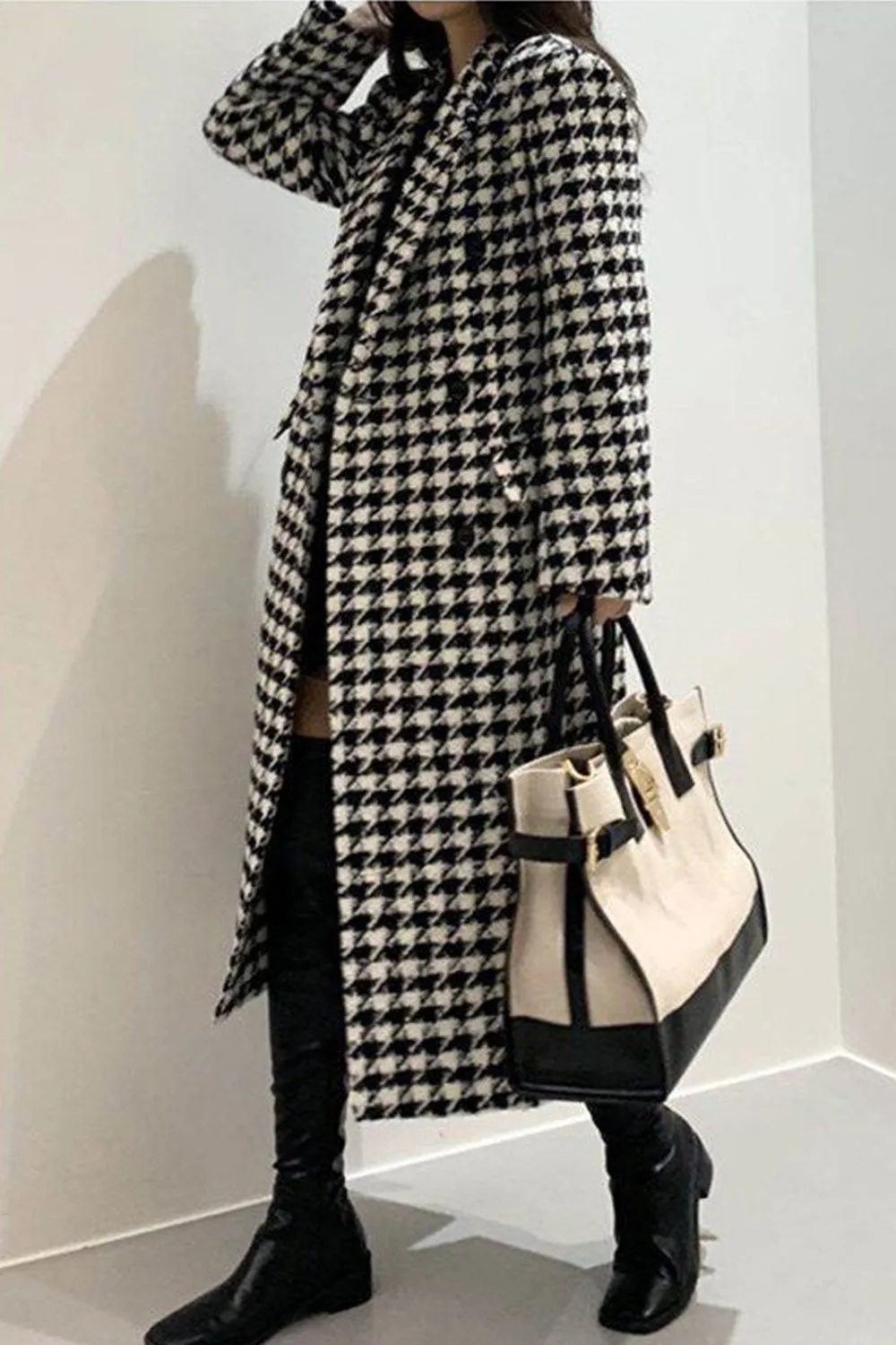 Loose Houndstooth Pattern Woolen Coat Jacket
