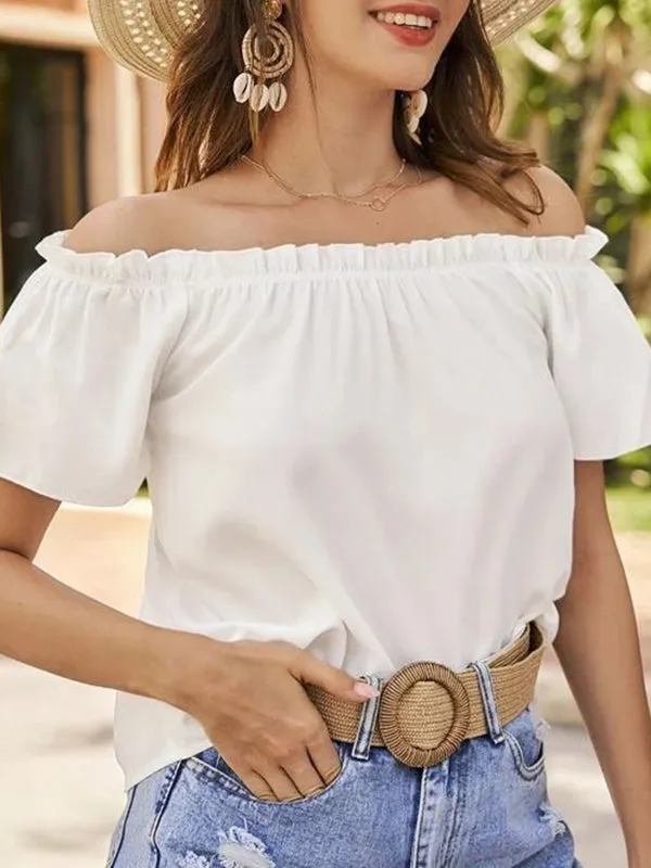 Loose Short Sleeves Elasticity Ruffle Trim Solid Color Off-The-Shoulder Blouses&Shirts Tops