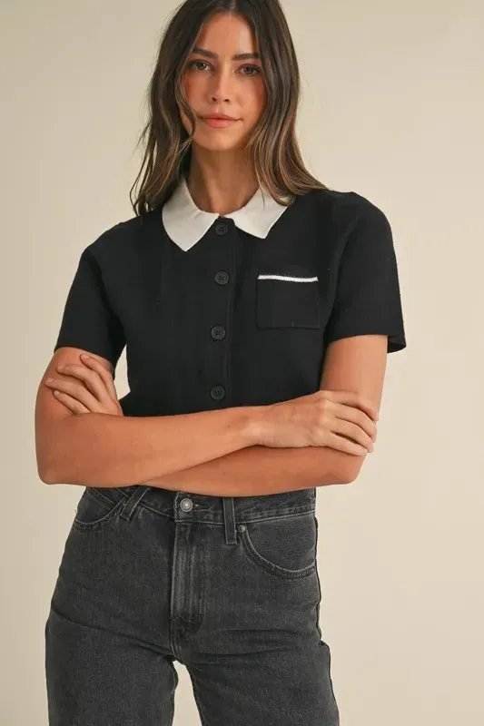 MABLE Button Down Contrast Collared Knit Cardigan