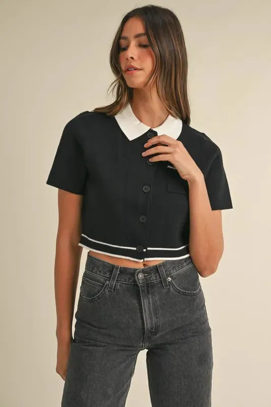 MABLE Button Down Contrast Collared Knit Cardigan