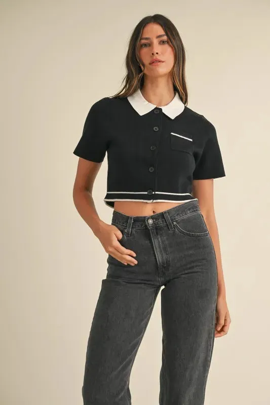 MABLE Button Down Contrast Collared Knit Cardigan