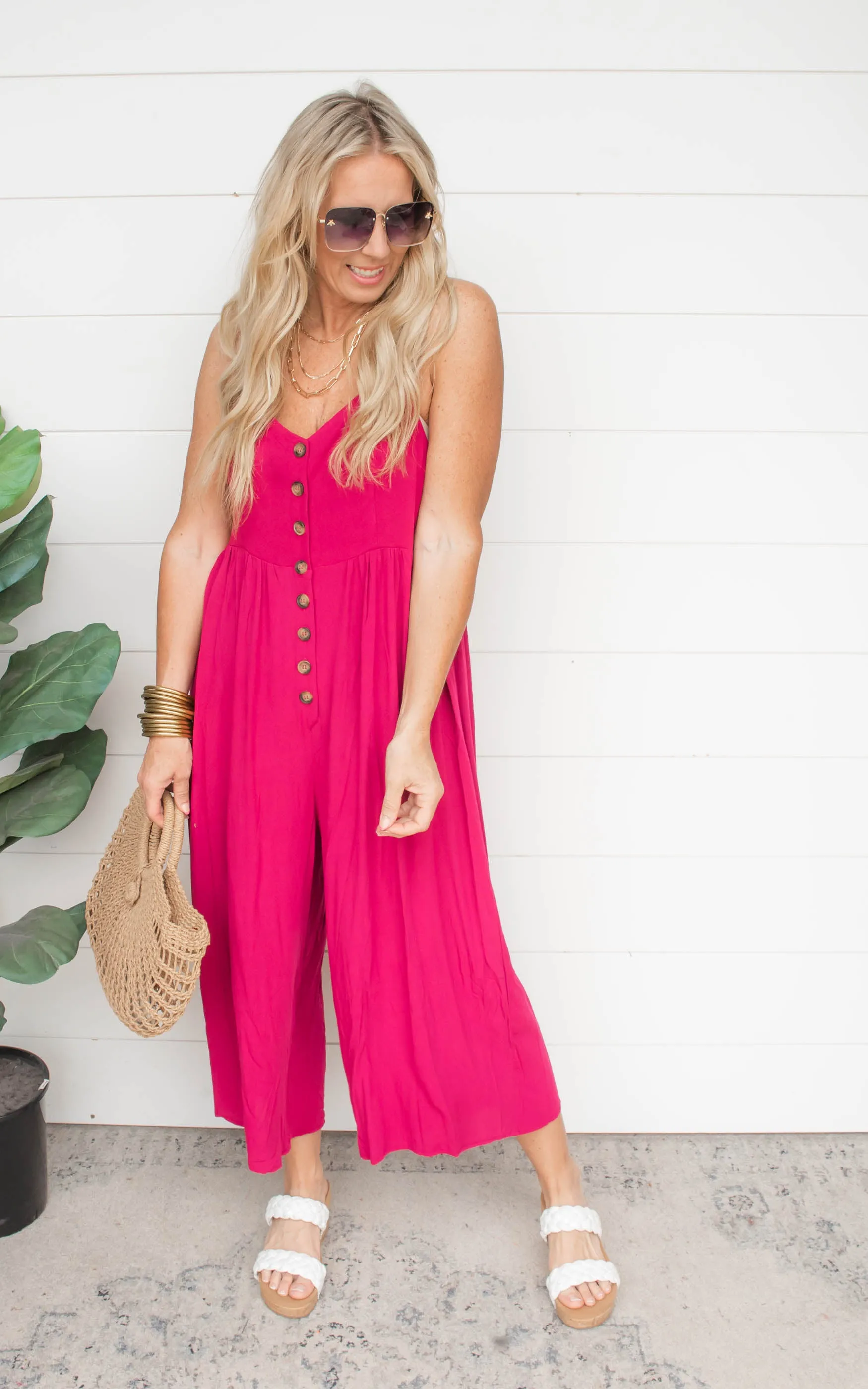Magenta Button Down Crepe Jumpsuit | FINAL SALE