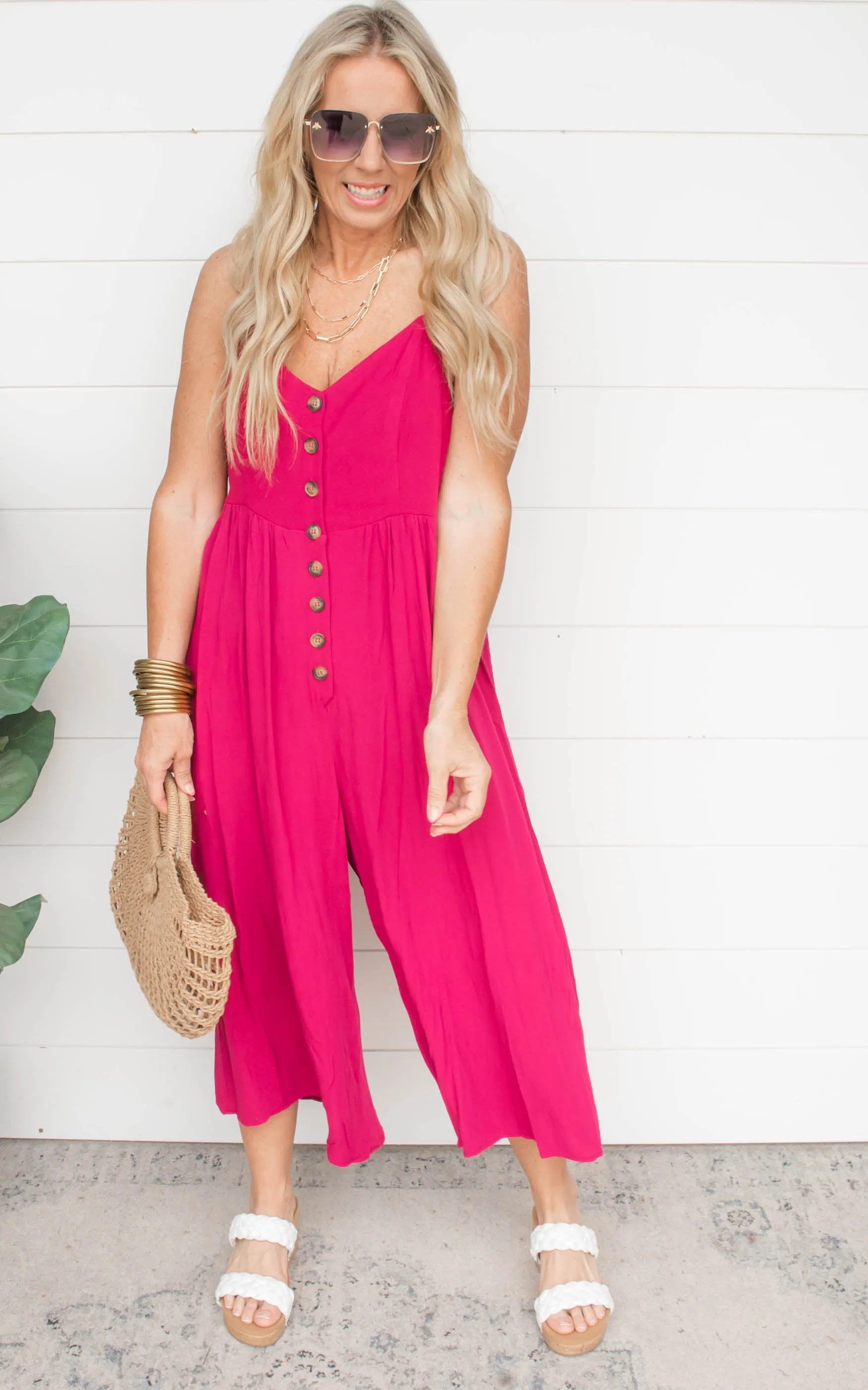 Magenta Button Down Crepe Jumpsuit | FINAL SALE