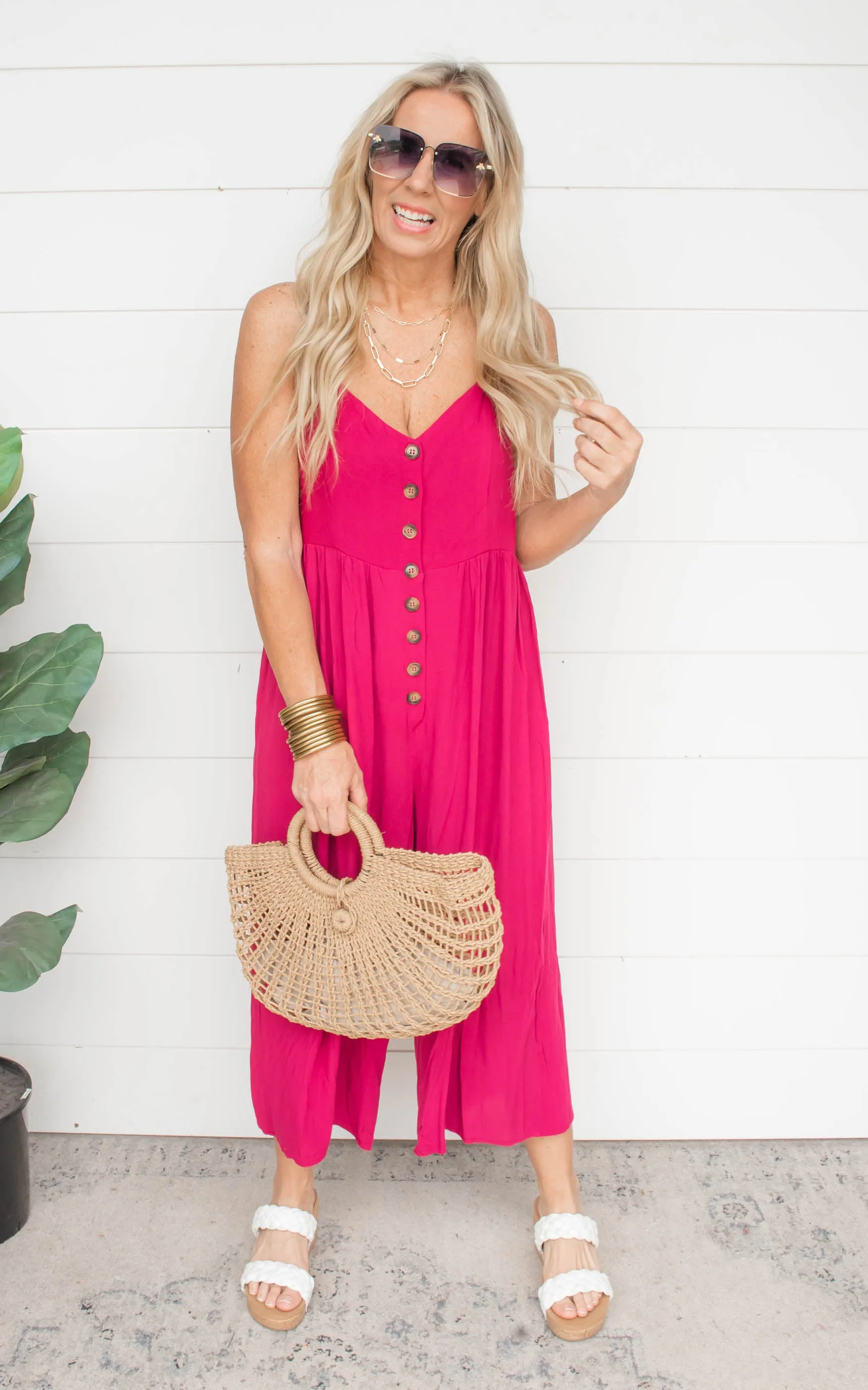 Magenta Button Down Crepe Jumpsuit | FINAL SALE