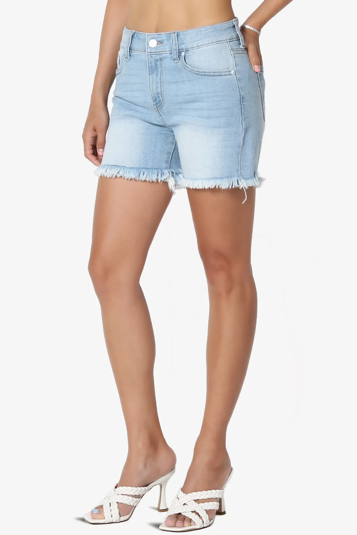 Mingle Frayed Hem High Rise Stretch Denim Shorts